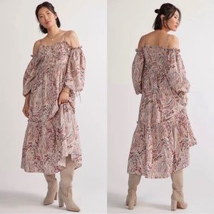 House of Harlow Teresa Paisley Maxi Dress, Small, Puff Sleeve Off the Shoulder